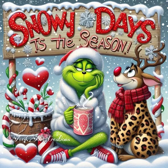 Green Grinch character holding mug with reindeer and candy canes in snowy winter holiday scene
