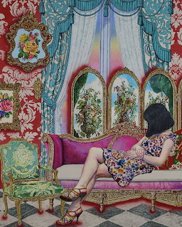 Woman on pink chaise in ornate room with patterned walls, drapes, and arched windows showing garden view