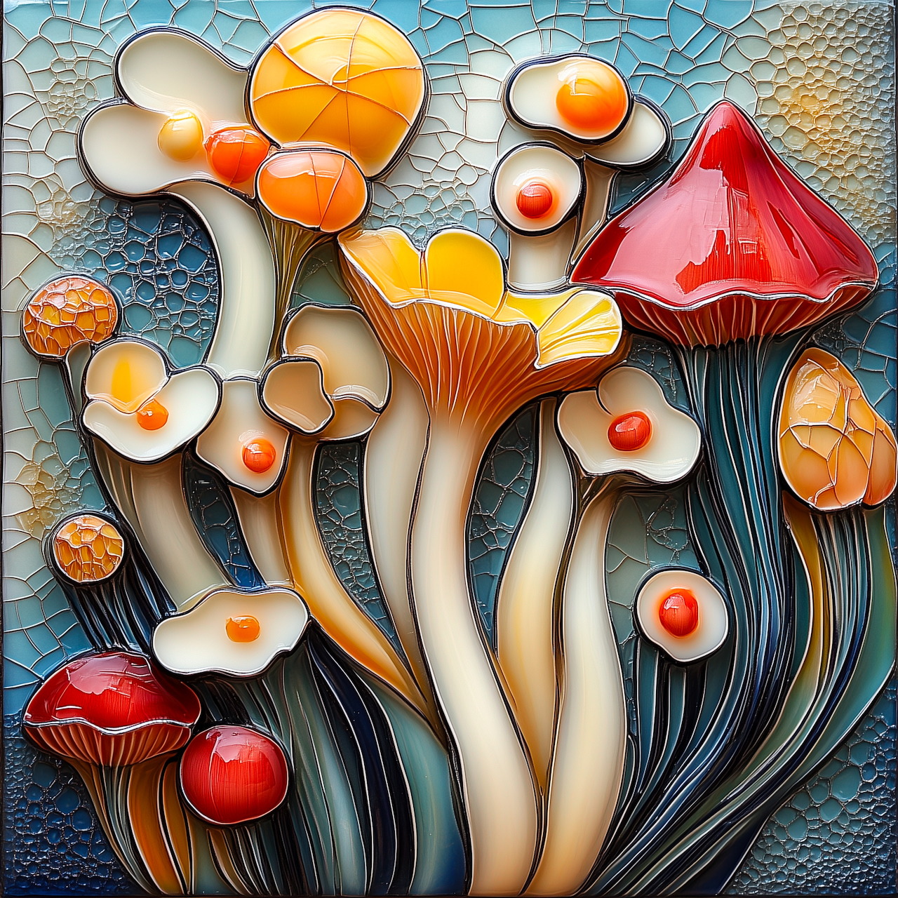 Abstract ceramic-style art with colorful mushroom-like forms and decorative caps in orange, red, and blue tones