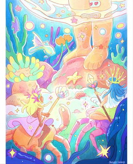 Child pering into colorful underwater scene with coral, fish, and shells in soft pastel illustration