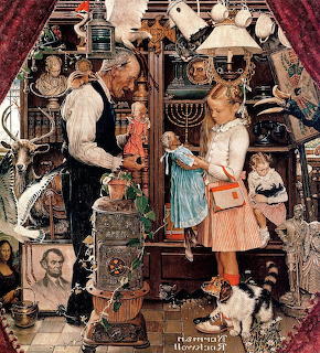 Norman Rockwell painting of a girl and elderly shopkeeper in a curiosity shop filled with antiques and collectibles