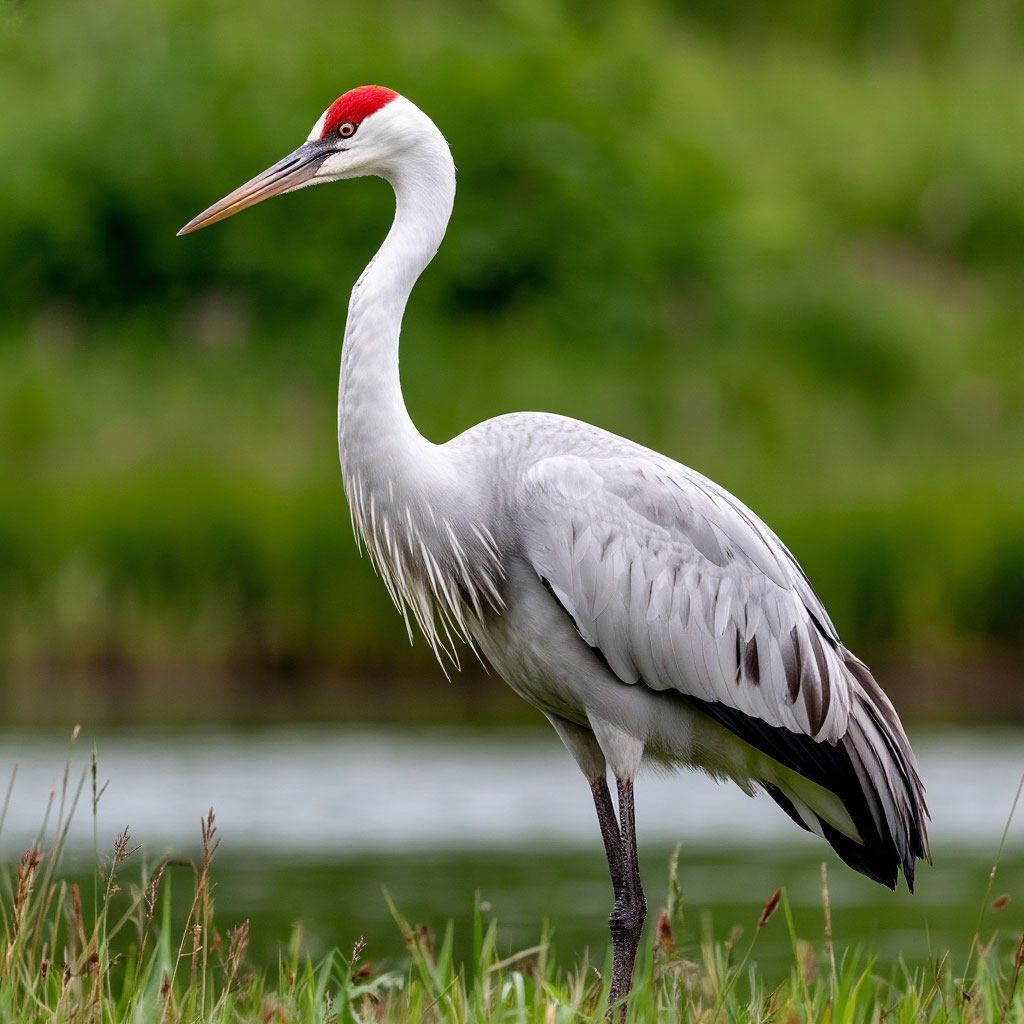 White crane with red crown and black-tipped wings standing in grass