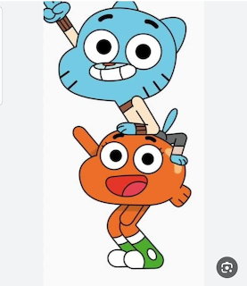 Gumball the blue cat and Darwin the orange fish cartoon characters stacked together