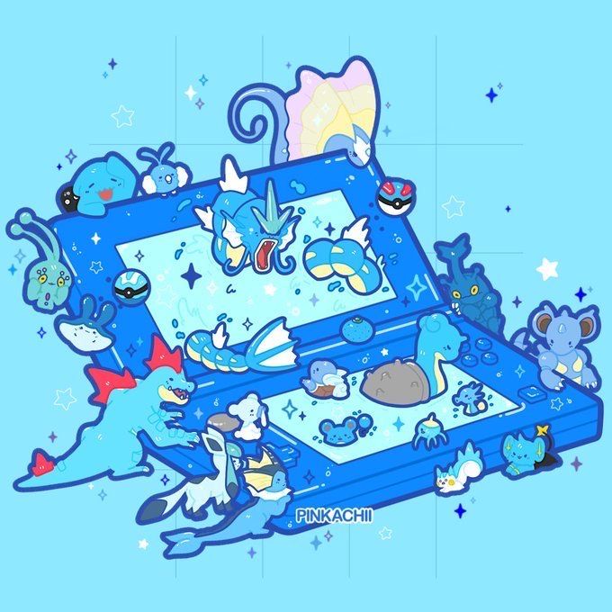 Cute blue Pokemon characters in a layered terrarium with water theme and sparkles