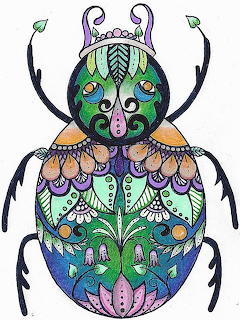 Colorful zendoodle beetle illustration with intricate floral patterns on a white background