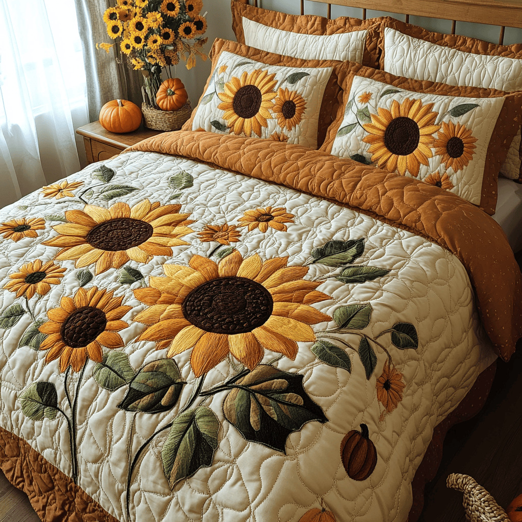Quilted bed with sunflower pattern in cream and rust colors with matching pillows