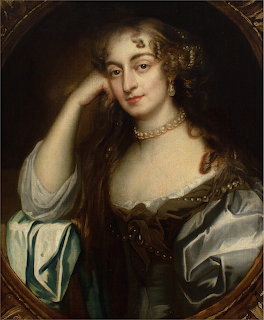 Baroque oil portrait of a woman with long hair, pearl necklace, and satin dress