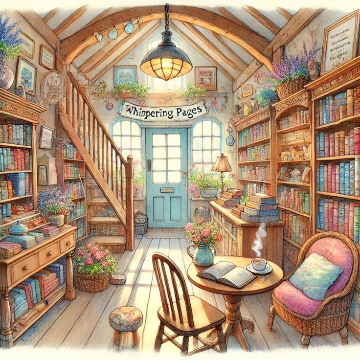 Cozy illustrated library with wooden shelves, vaulted ceiling, reading chair, and bright window