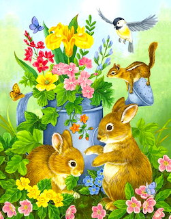 Spring garden painting with bunnies, birds, chipmunks, butterflies and flowers in blue watering cans