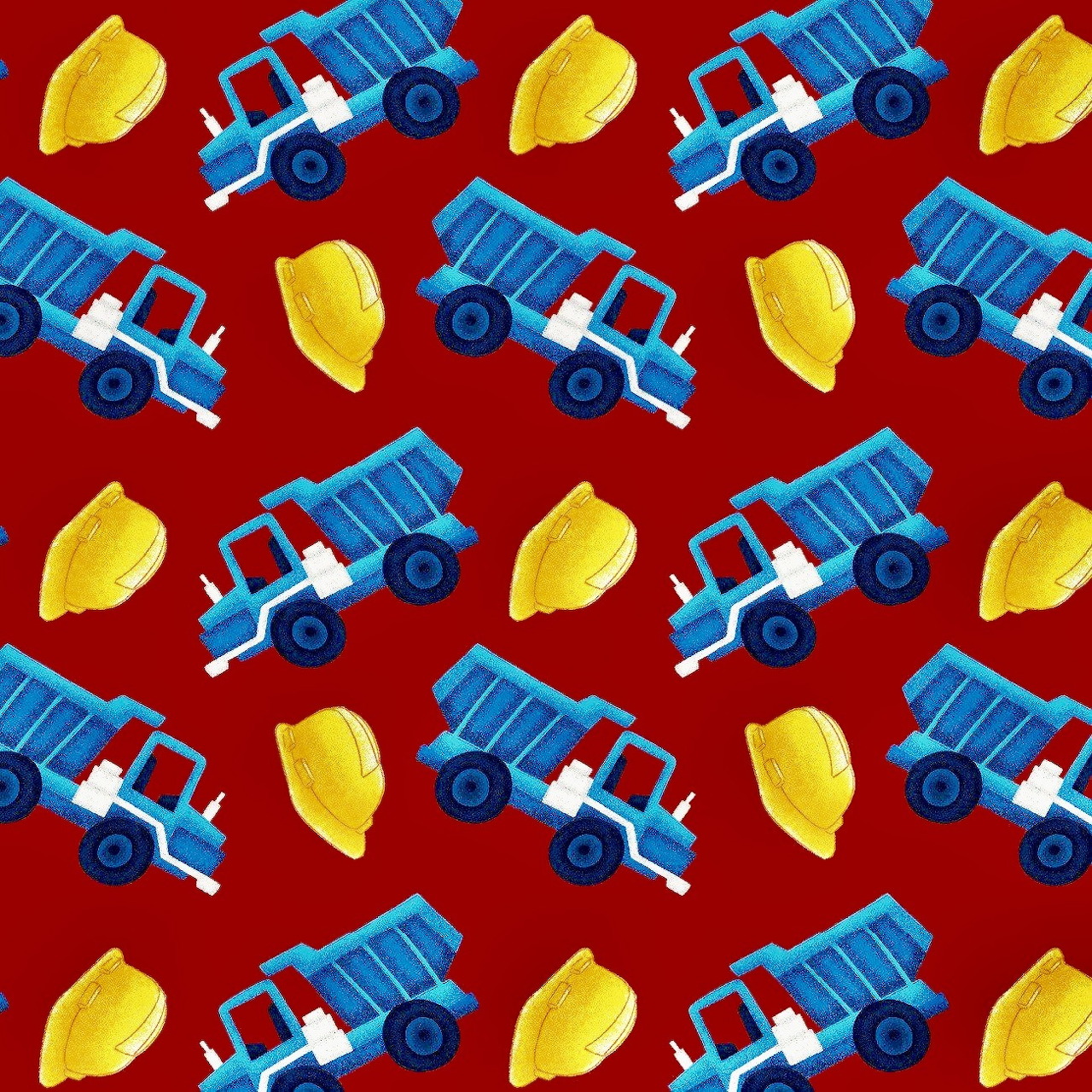 Repeating pattern of blue dump trucks and yellow hard hats on a deep red background