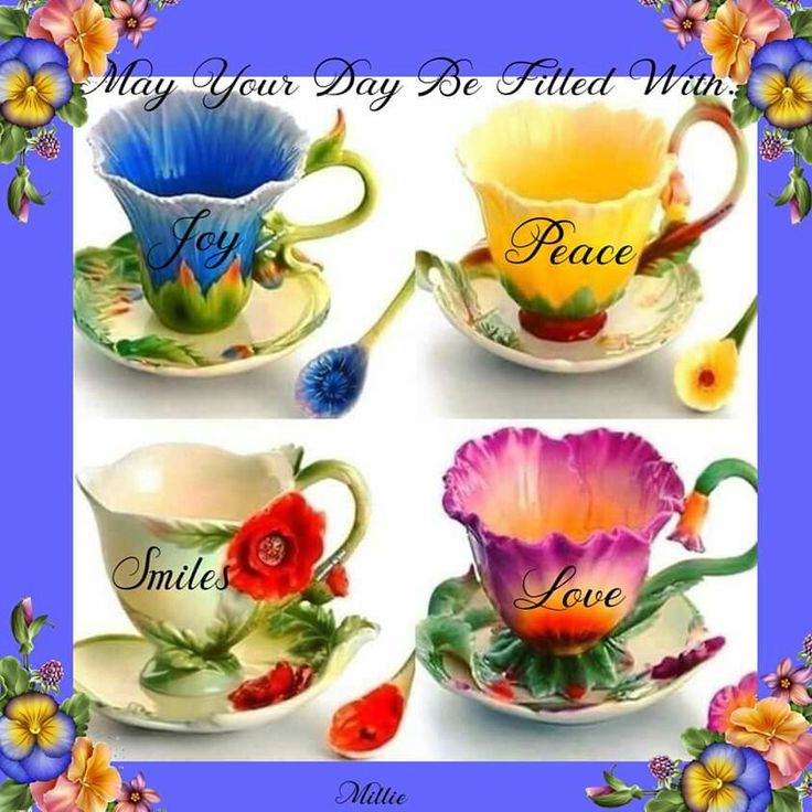 Four colorful floral teacups and saucers arranged in a grid on a white background