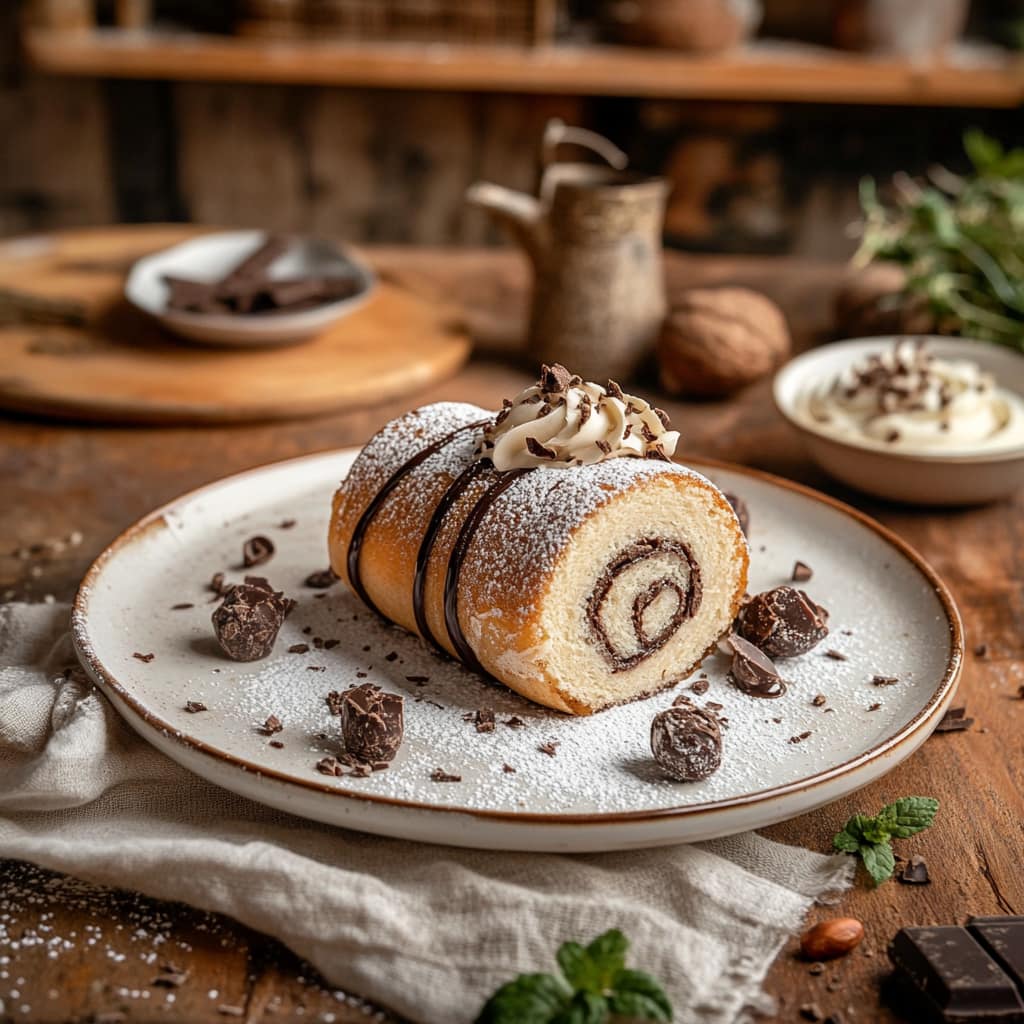 Sliced chocolate roll cake with swirled filling on white plate with cocoa powder and chestnuts