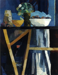 Abstract painting of fruit bowl, vase with flowers on geometric yellow table with dark blue backdrop
