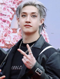 Bangchan from Stray Kids with silver hair and black outfit making a hand sign