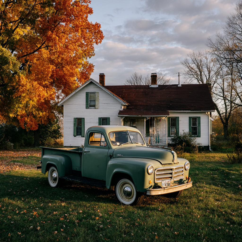 Vintage green pickup truck on grass before white house with fall trees