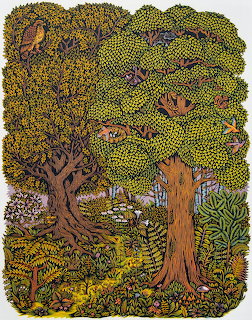 Detailed woodcut illustration of a dense forest with large trees, birds, and woodland animals in grens and browns
