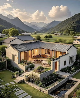 Modern courtyard house in a green mountain valley at sunset