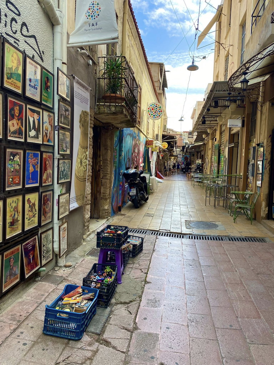 Old town street in Athens, Greece with white buildings
