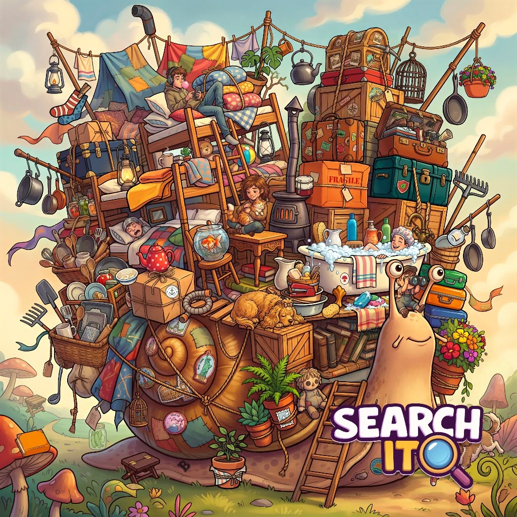 Whimsical snail shell house with multiple levels, stairs, and countless colorful objects stacked on its back