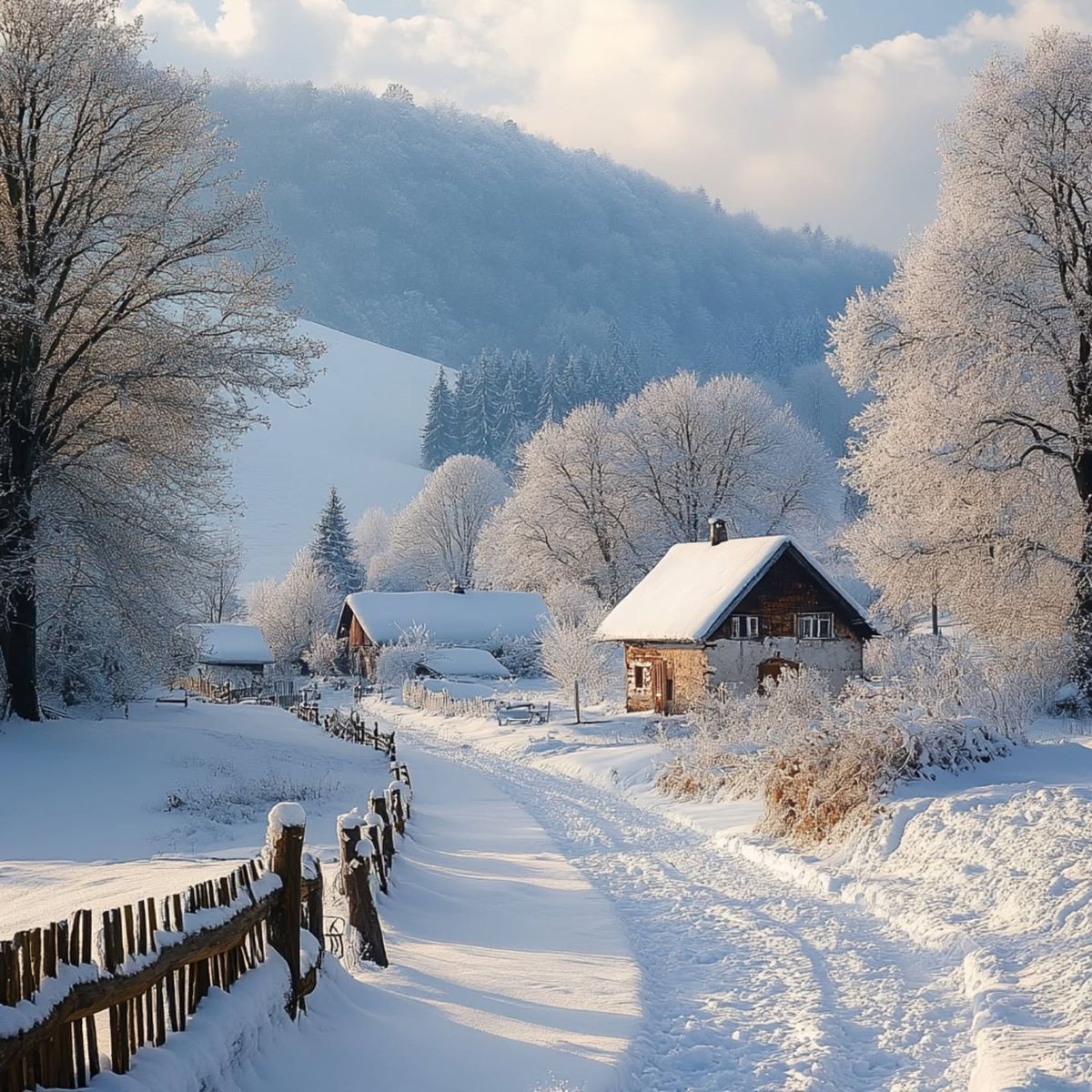 Snowy mountain village with frost-covered trees, wooden fence, and cottage on winter day
