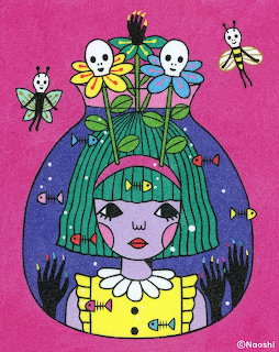 Colorful illustration of a girl with green hair and flowers with skuls on her head against a pink background