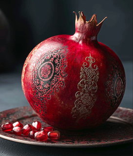 Red pomegranate with decorative patterns on dark plate with scattered seeds
