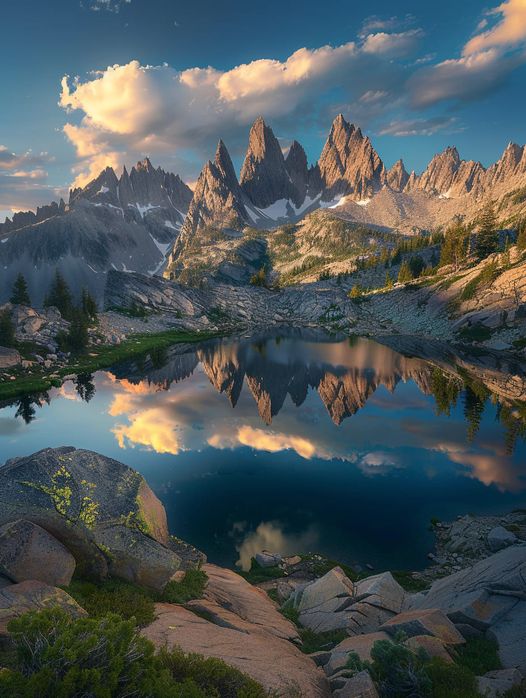 Sawtooth Range Idaho peaks reflected in a still alpine lake at sunset with rocky foreground