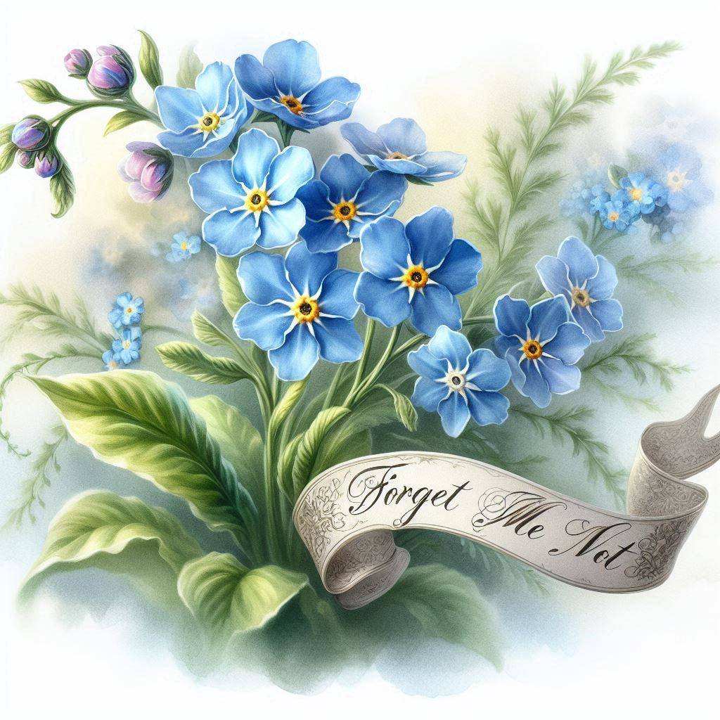 Watercolor painting of blue forget-me-not flowers with green leaves and a decorative ribbon banner