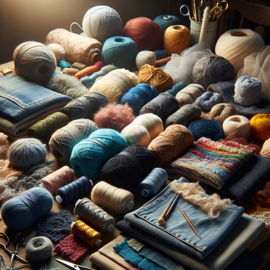 Colorful yarn balls, folded fabric, thread spools, and knitting tools arranged on a tabletop
