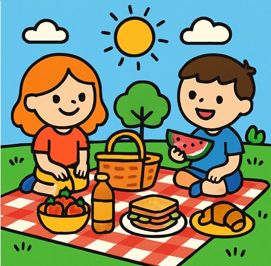 Cartoon children having picnic on checkered blanket with food and basket under sunny sky