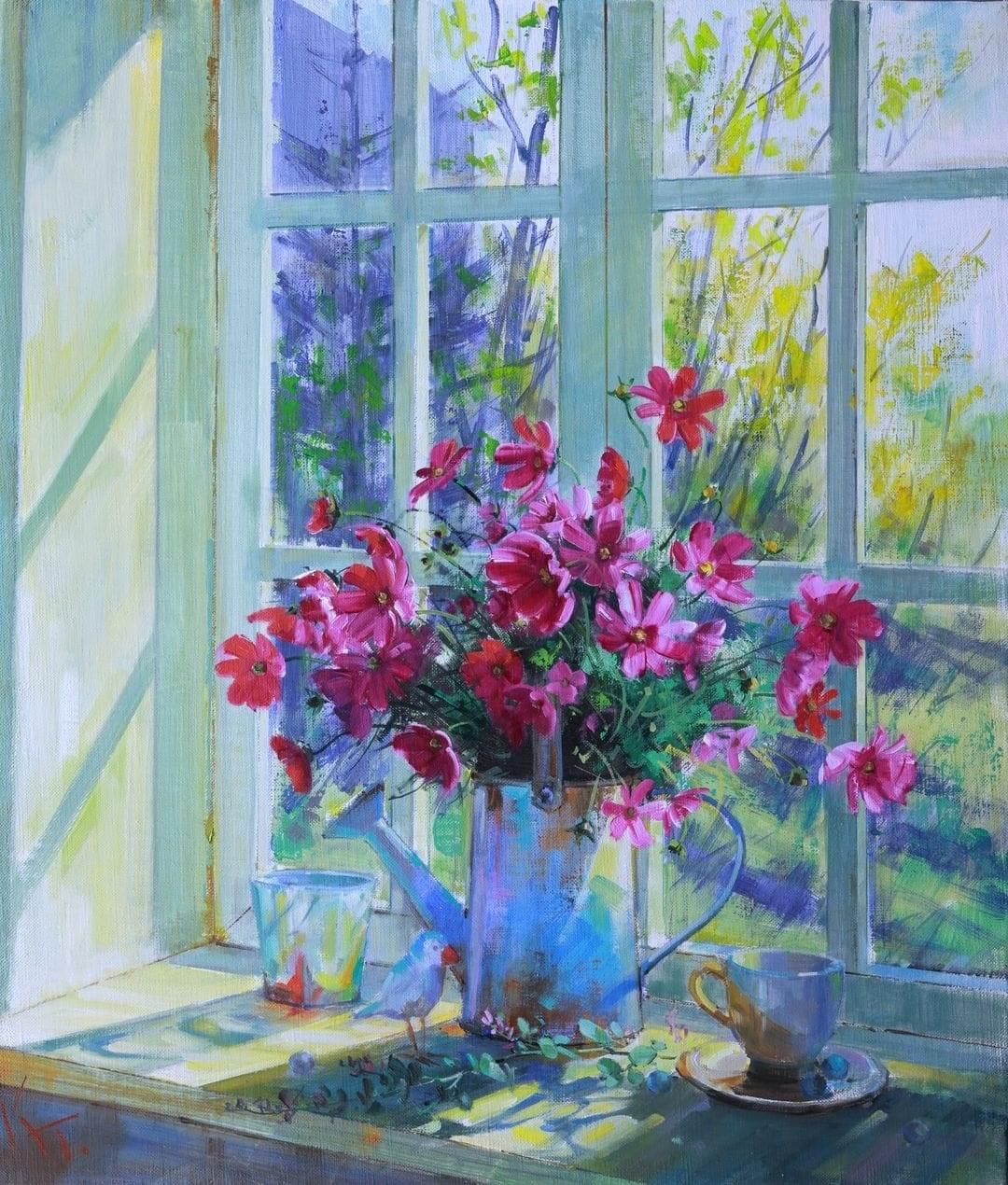 Painting of pink and red flowers in a vase on a sunny windowsill with garden view