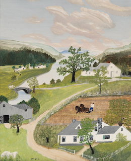 Folk art painting of a rural village with farmhouses, green hills, horses, and a winding road in spring