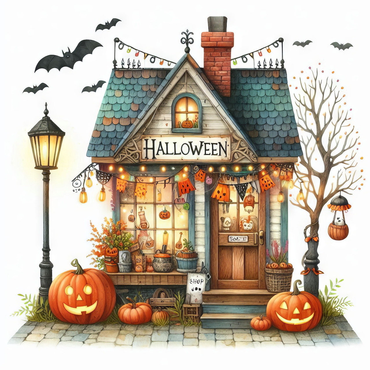 Illustration of a decorated Halloween shop with pumpkins, bats, lanterns, and a small cottage storefront