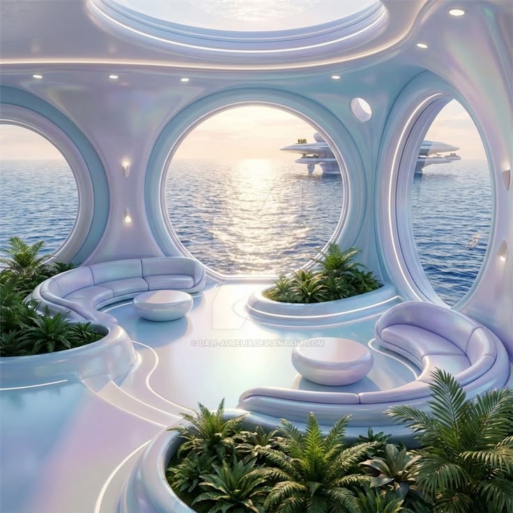 Futuristic round room with ocean view windows, curved white furniture, holographic walls, and potted palms