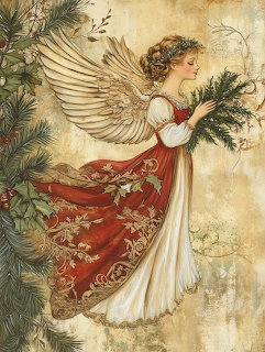 Angel with white wings wearing red embroidered dress holds pine branches near Christmas tree