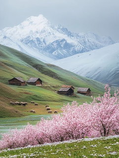 Snow-covered mountain peaks behind green valley with pink flowering trees and wooden houses