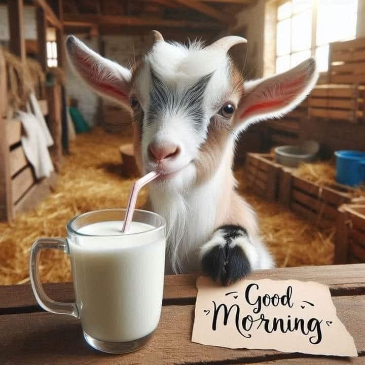 Baby goat in a barn beside a mug of milk and a Good Morning sign