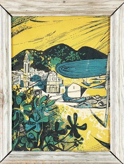 Modernist illustration of white Mediterranean village by bay under yellow sky with dark green foliage foreground
