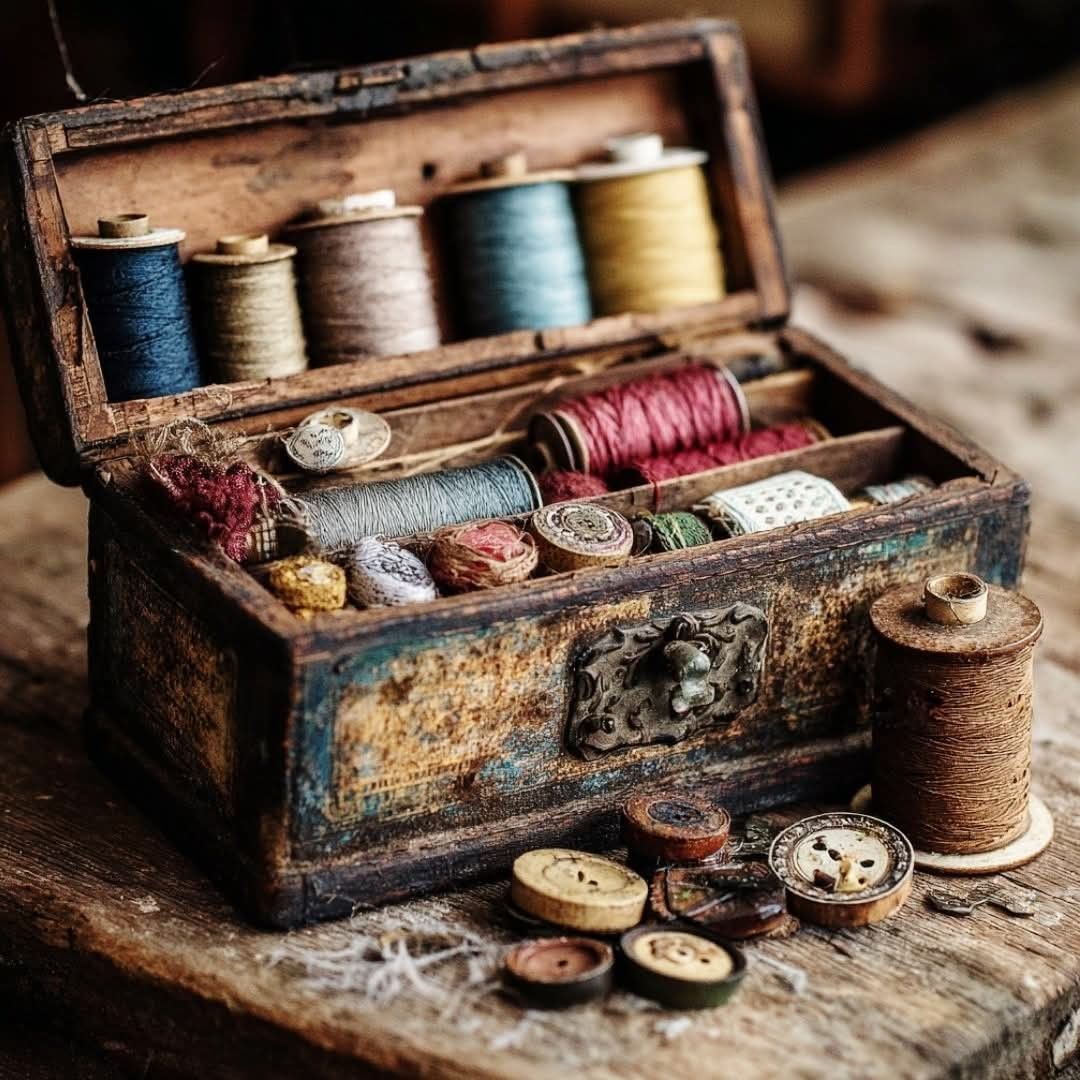 Antique wooden sewing box with thread spools and buttons scattered on weathered wood surface