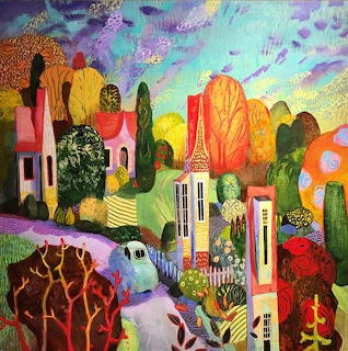 Vibrant collage art of whimsical village with colorful houses, decorative trees, and textured hills
