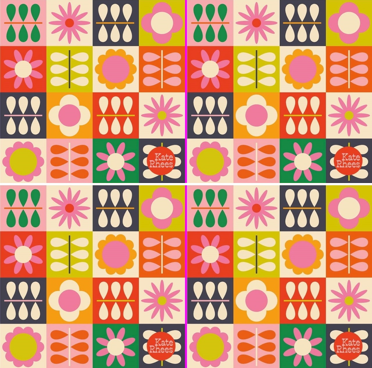 Colorful repeating floral pattern with flowers, leaves, and petal motifs in a grid
