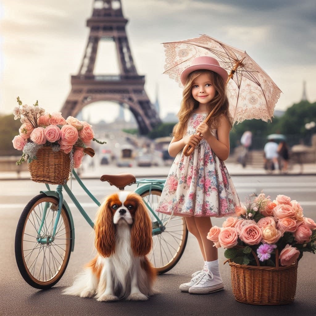 Young girl with parasol, Cavalier Spaniel, bicycle with roses, and Eiffel Tower backdrop