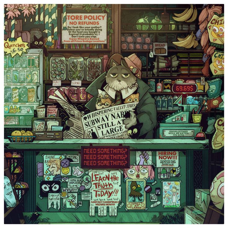 White cat reading newspaper at cluttered bodega counter with shelves of products and vintage signs