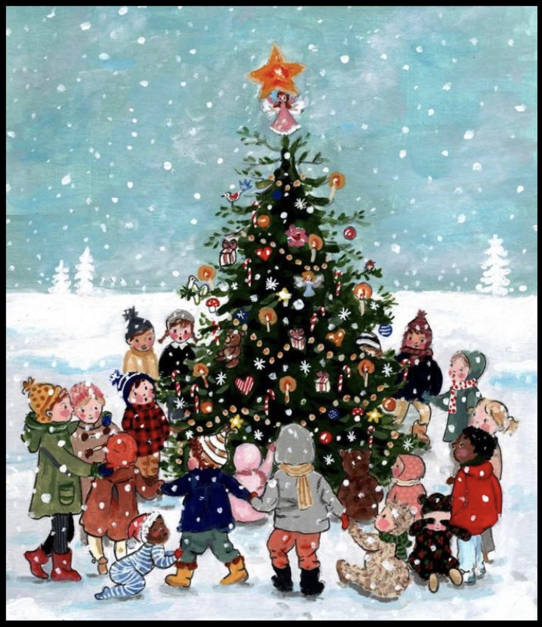 Naive art painting of children and a dog gathered around a large decorated Christmas tree in snowy winter scene