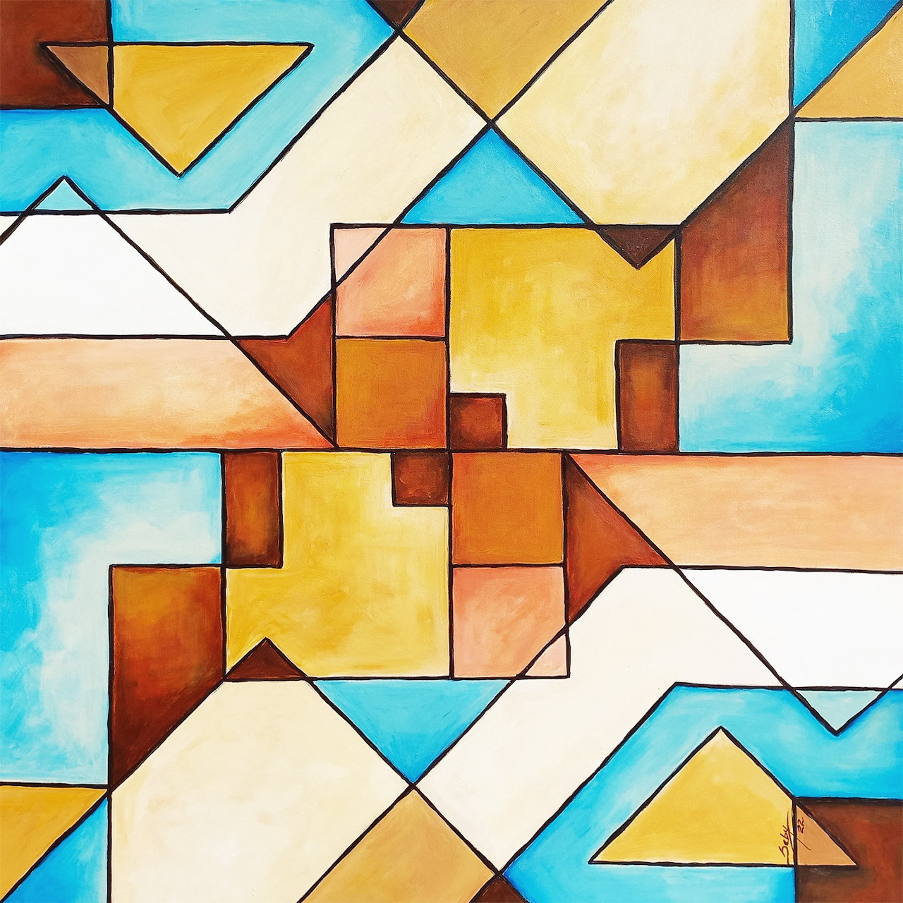 Abstract geometric pattern with colorful triangles and squares separated by black lines