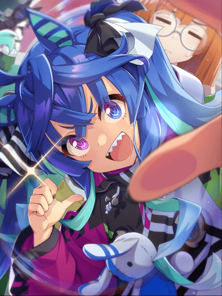 Anime girl with blue hair and pink-purple eyes in an energetic pose from Umamusume Pretty Derby