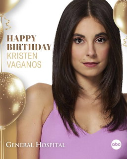 Happy Birthday graphic for Kristen Vaganos from General Hospital ABC, woman in lavender top with gold balloons