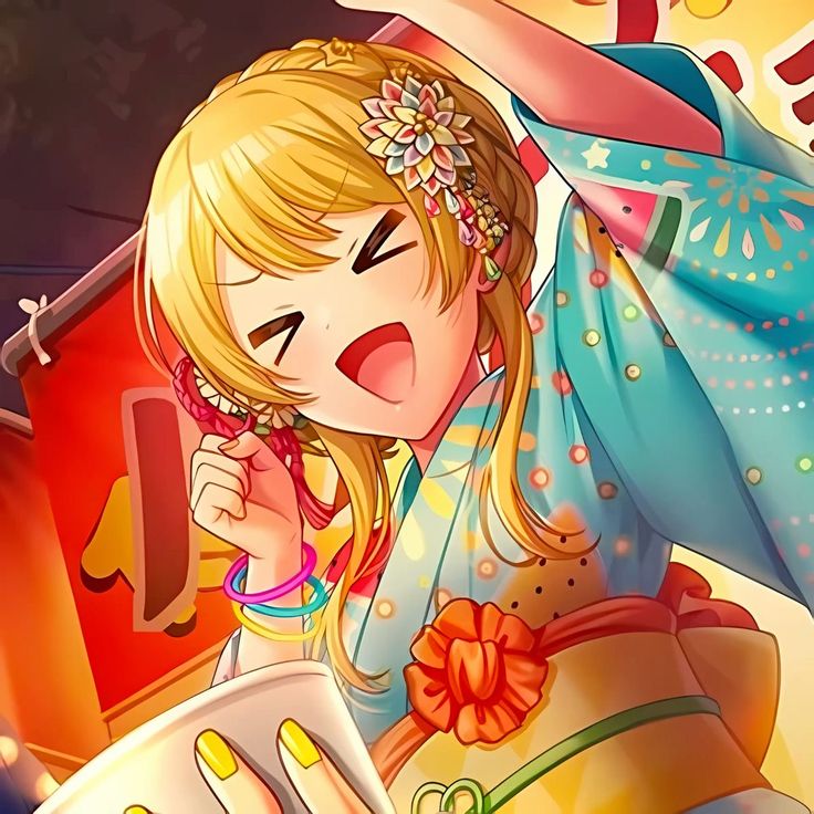 Smiling anime girl with blonde hair in festive Japanese clothing and floral hair ornament against colorful umbrella background