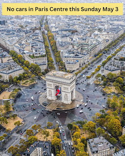 Aerial view of the Arc de Triomphe in Paris with roads, traffic, and surrounding buildings