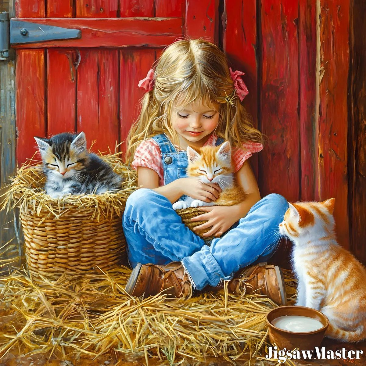 Girl Playing with Kittens on Hay